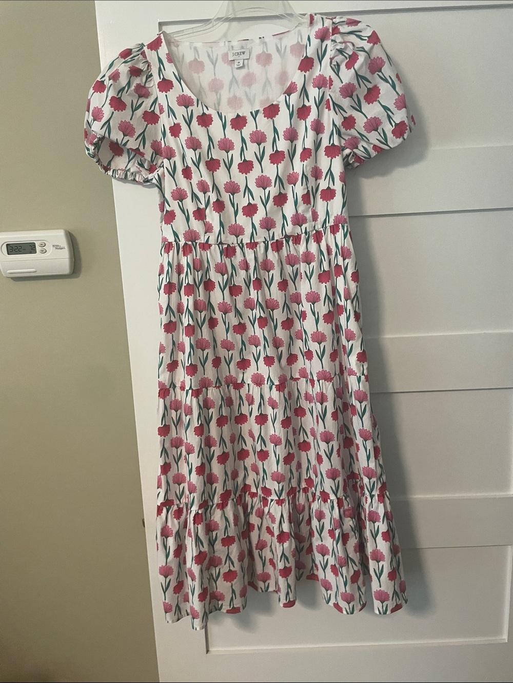 J. Crew White Dress with Pink Floral Print and Green Stems